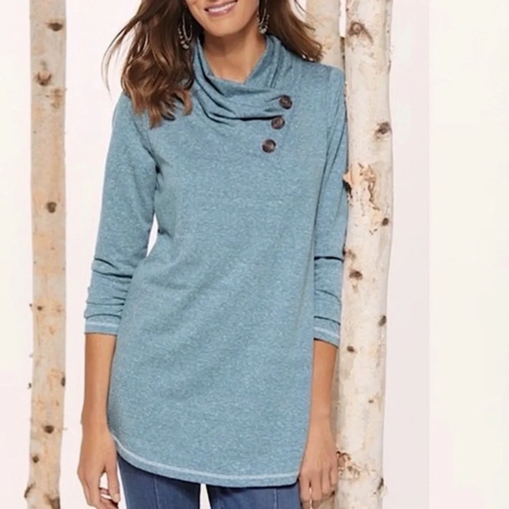 Soft Surroundings Brinley Button Heathered Blue Cowl Neck Tunic Knit Top Size PS
